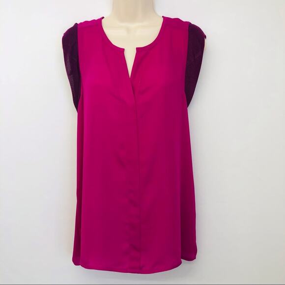 CAbi Campo Fuchsia Pink Split V Neck Popover Tunic Top Mesh Cap Sleeves - Picture 16 of 16